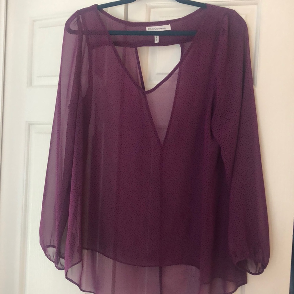 BCBG Generation sheer, purple, bobcat print blouse
